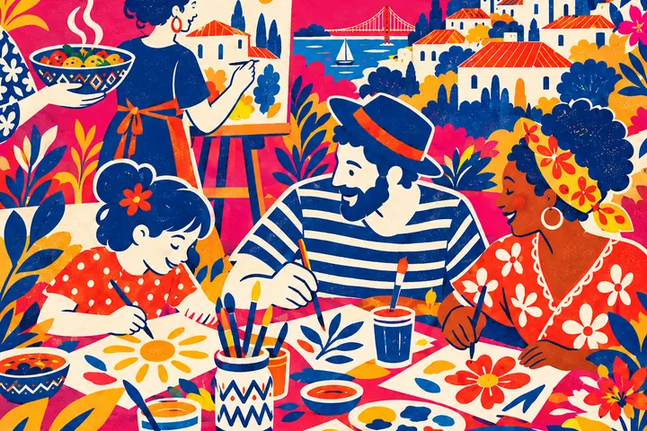 Ilustração: pessoas a pintar e a criar juntas.