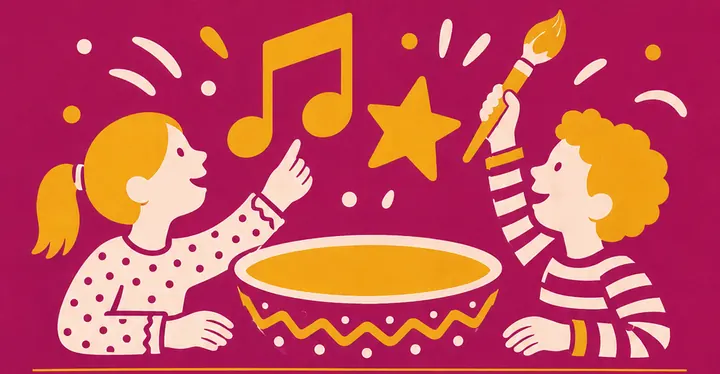 Ilustração: duas crianças a descobrir música e pintura à volta de uma taça.