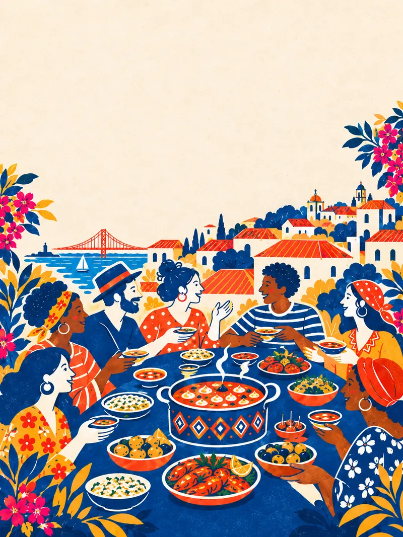 Ilustração: uma mesa comprida partilhada por várias pessoas, com Lisboa ao fundo.
