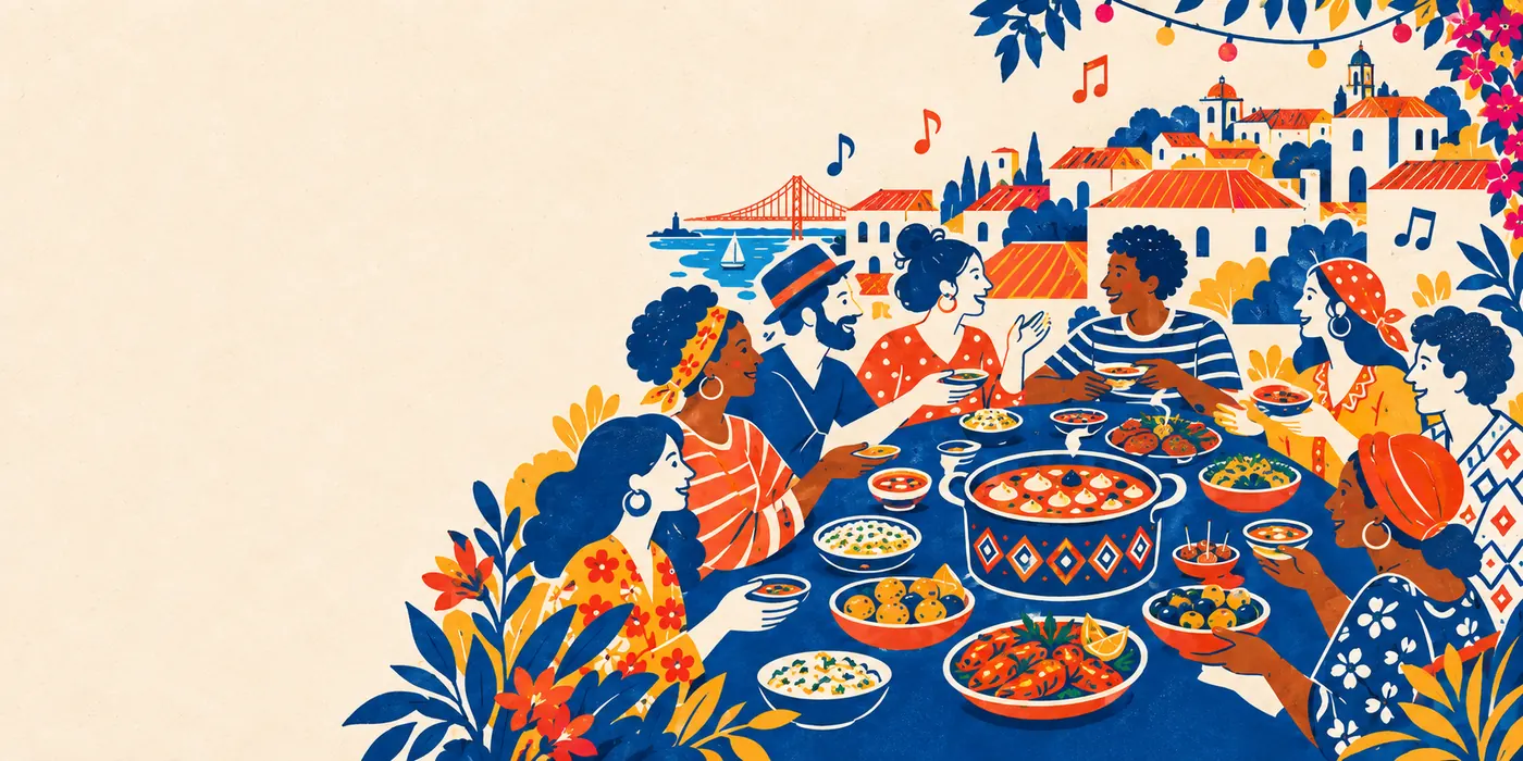 Ilustração: pessoas de várias culturas à volta de uma mesa cheia de pratos, com os telhados de Lisboa e o rio ao fundo.
