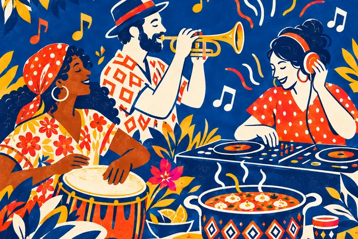 Ilustração: músicos, DJ e pessoas a dançar.