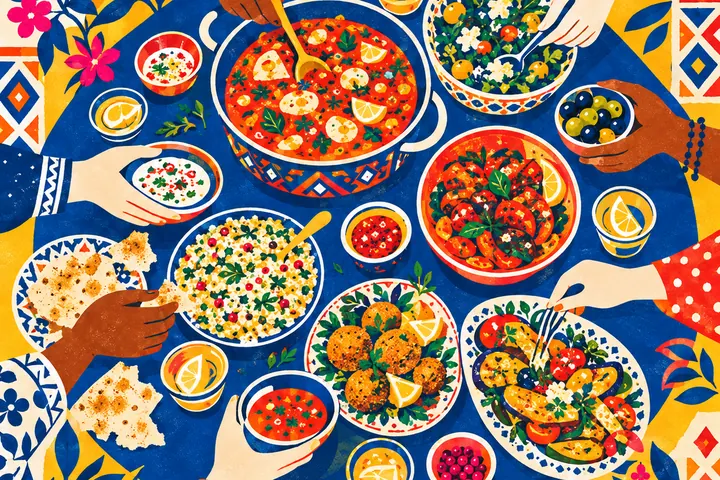 Ilustração: mesa com pratos de várias cozinhas do mundo.